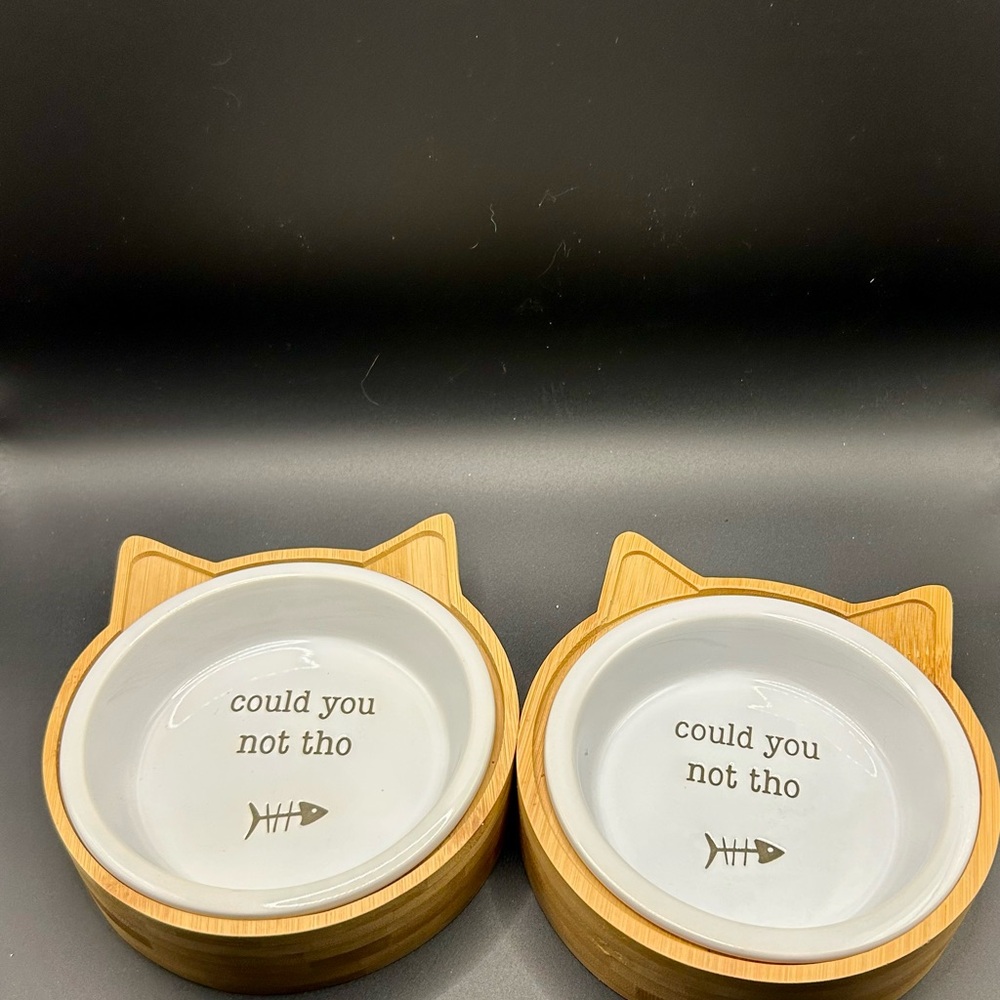 Cat Ear Ceramic Pet Bowls with Bamboo Base